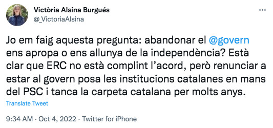 Mensaje de la 'consellera' de Acción Exterior, Victòria Alsina / TWITTER