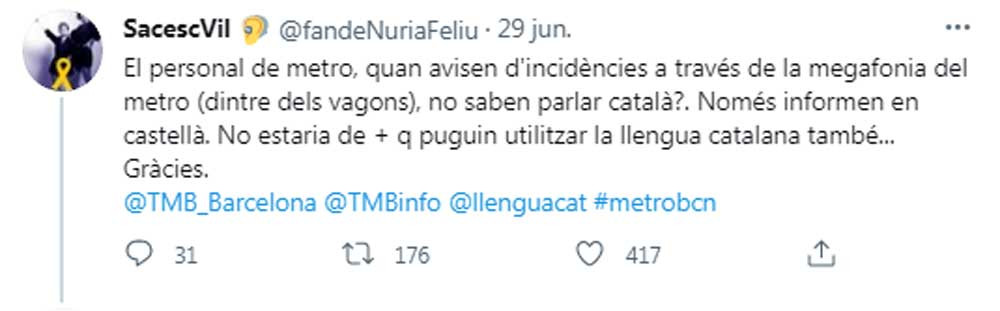 Queja del usuario y respuesta de TMB en sus redes sociales / @TMBInfo (TWITTER)