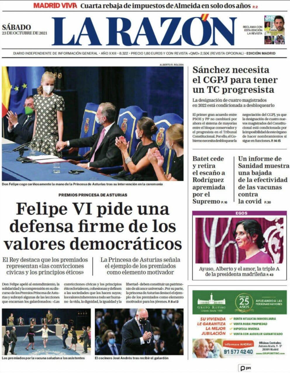 Portada de 'La Razón' del 23 de octubre de 2021 / KIOSKO.NET