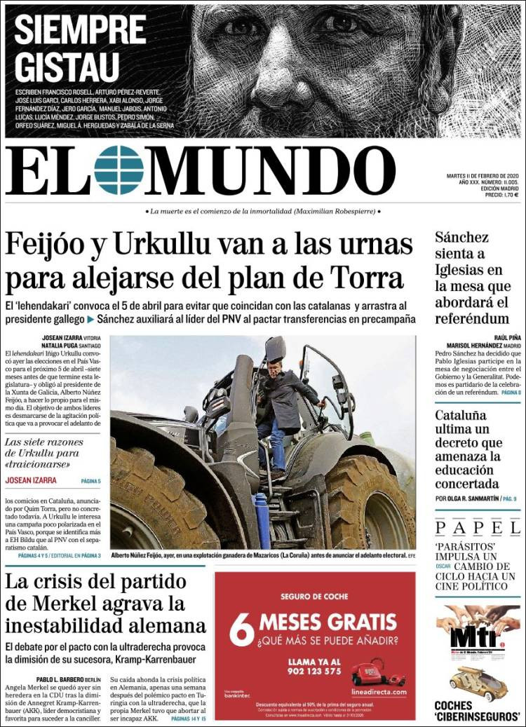 Portada de 'El Mundo' con las elecciones vascas y gallegas