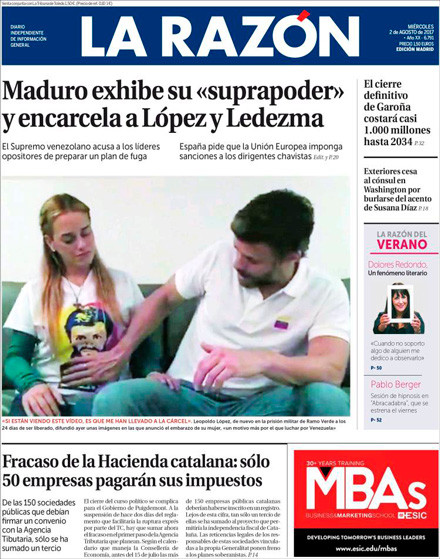 Portada de 'La Razón' del 2 de agosto de 2017