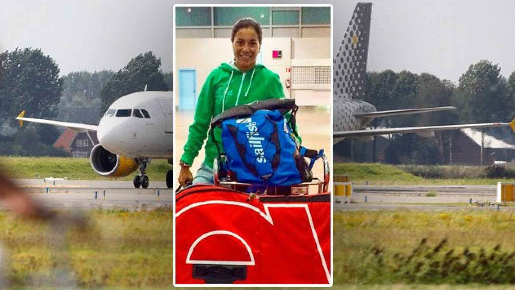 Saleta Castro en Maastricht y un avión de Vueling de fondo.