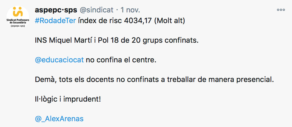 Tweet del sindicato de profesores Aspepc-sps / TWITTER