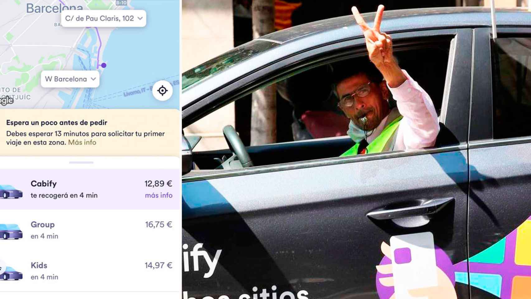 Una captura de un viaje de Cabify hoy y un conductor de la plataforma / CG