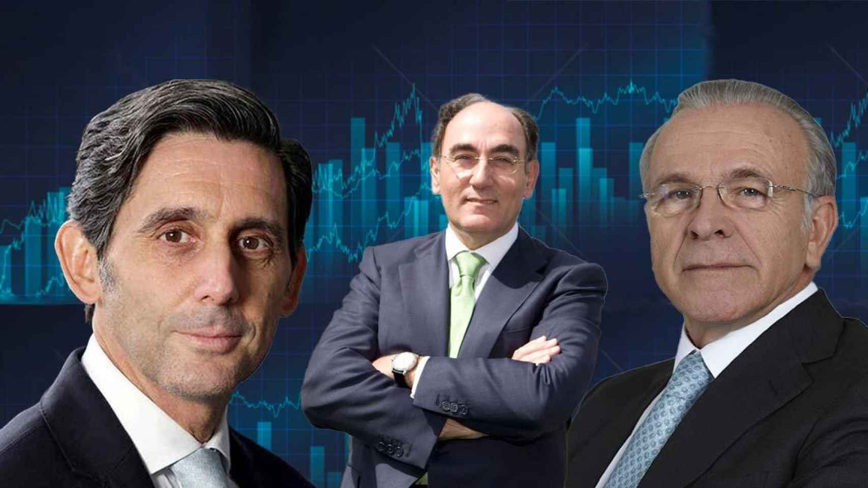 De izquierda a derecha, José María Álvarez-Pallete, presidente de Telefónica; Ignacio Galán, presidente de Iberdrola; e Isidro Fainé, presidente de la Fundación Bancaria La Caixa / MONTAJE CG