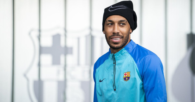 Pierre Emerick Aubameyang, durante un entrenamiento del Barça / FCB