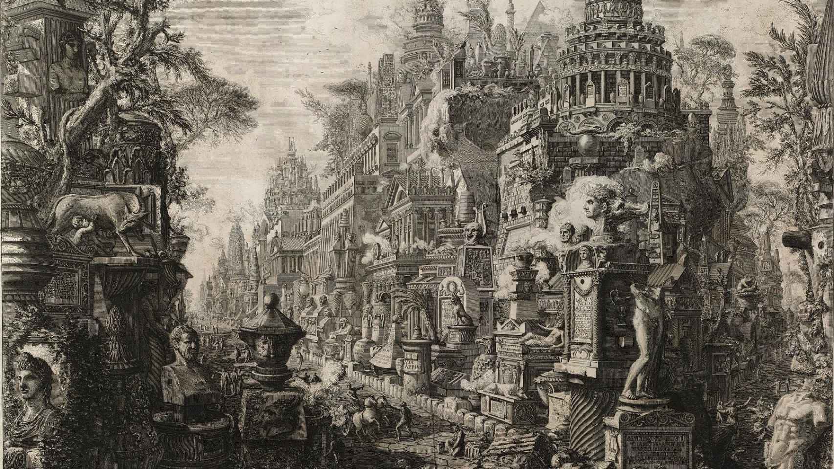 Recreación de la intersección de la Vía Apia y la Vía Ardentina a cargo de Giambattista Piranesi (1756). BNE.