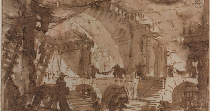 Dibujo a tinta de una de las cárceles imposibles ideadas por Piranesi. BNE