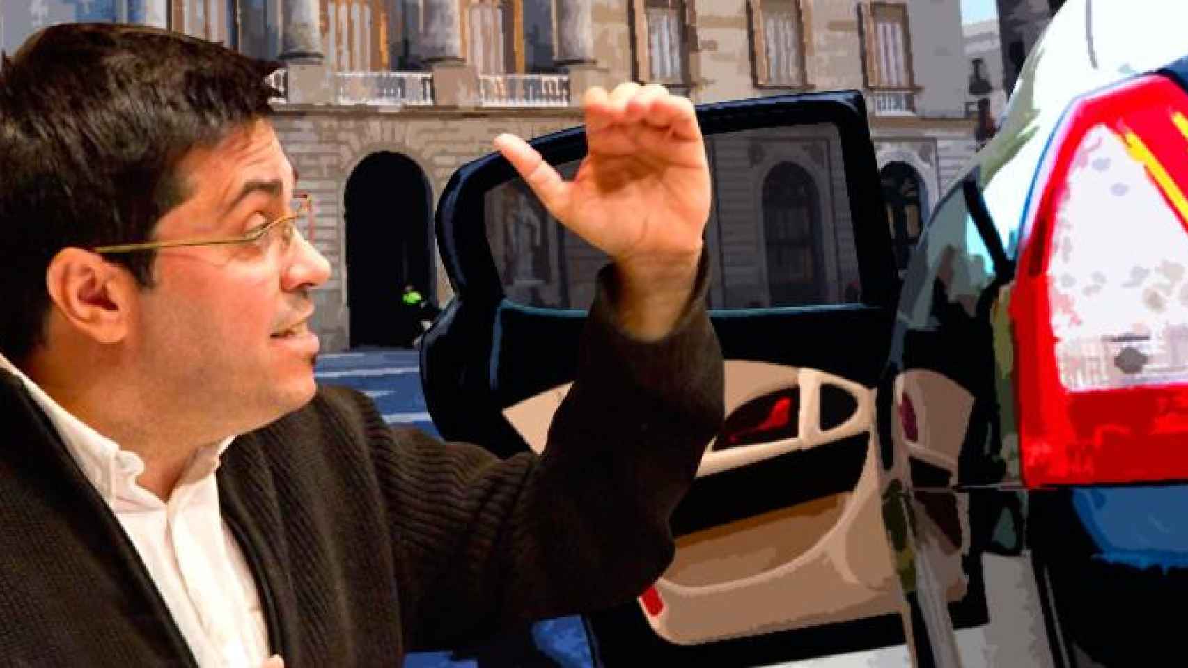 Gerardo Pisarello al lado de su coche oficial ante el Ayuntamiento de Barcelona / FOTOMONTAJE DE CG