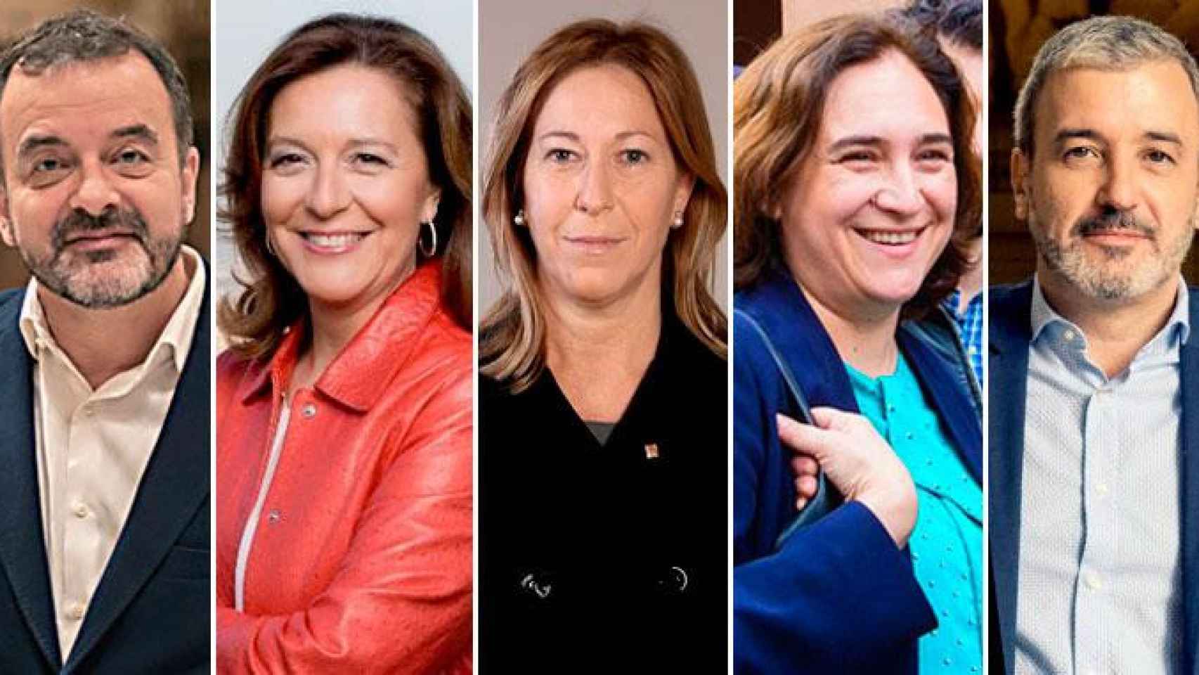 Alfred Bosch, de ERC (i); Carina Mejías, de Cs (2i); Neus Munté, de PDeCAT (c); Ada Colau, de BComú (2d) y Jaume Collboni, del PSC (d) / CG