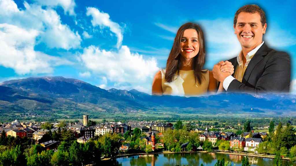 Imagen de Albert Rivera e Inés Arrimadas, líderes de Ciudadanos, sobre un paisaje de la Cerdanya catalana.