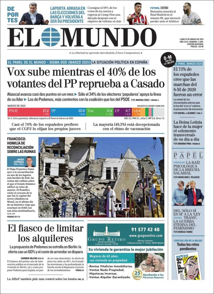 Portada de 'El Mundo' del 8 de marzo de 2021 / KIOSKO.NET