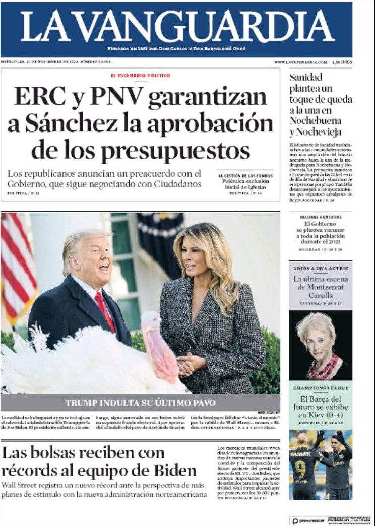 Portada de 'La Vanguardia' del 25 de noviembre de 2020 / KIOSKO.NET