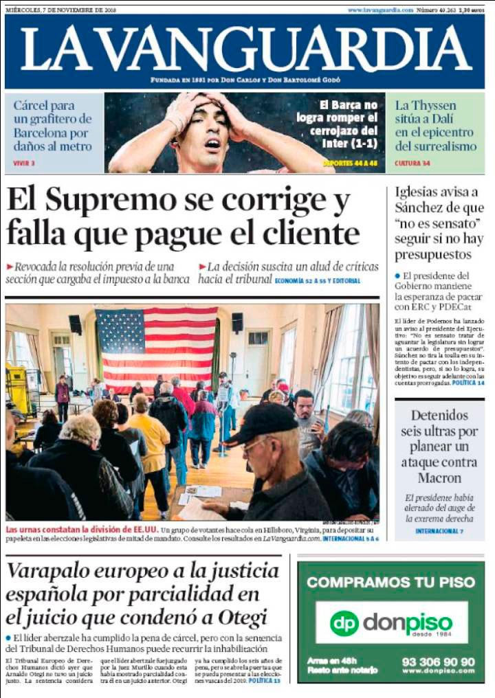 Portada de La Vanguardia de este miércoles 7 de noviembre