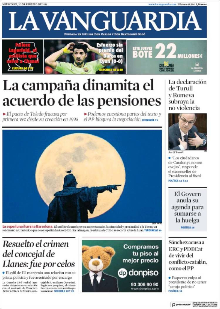 Portada de La Vanguardia de hoy con el juicio del procés y Pedro Sánchez