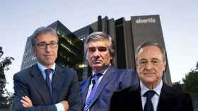 La sede de Abertis y, de izquierda a derecha, el consejero delegado de Atlantia, Giovani Castellucci; el de la gestora de infraestructuras, Francisco Reynés; y el presidente de ACS, Florentino Pérez / FOTOMONTAJE DE CG