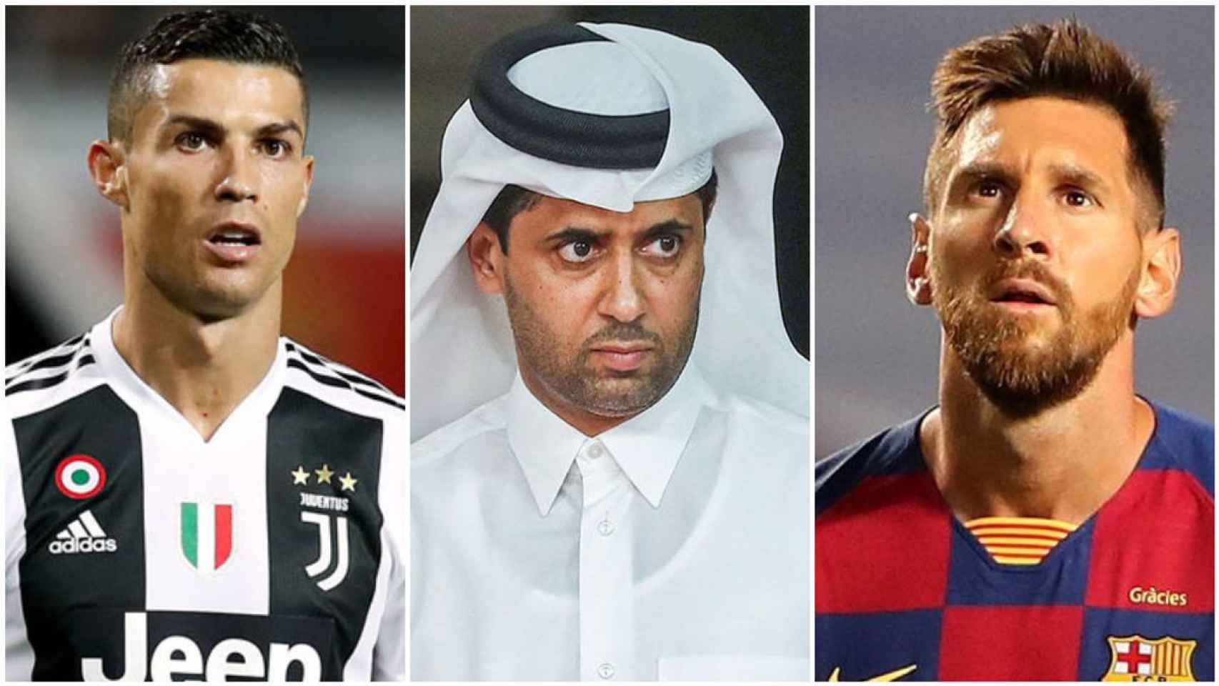 Cristiano Ronaldo, Al-Khelaifi y Messi, en un montaje / REDES