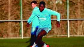 Samuel Umtiti en la sesión de entrenamiento de este miércoles / FC BARCELONA