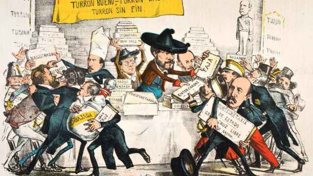 Caricatura satírica publicada en 'La Flaca' en 1869 donde aparecen Prim y otros políticos de la época repartiendo prebendas como si fueran turrón
