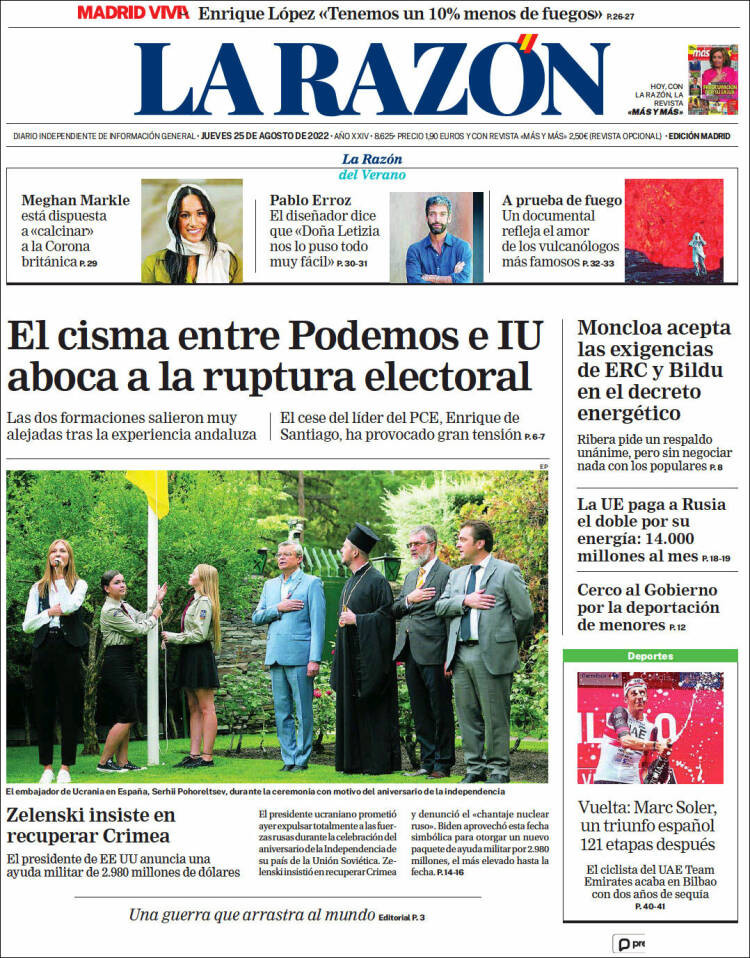 Portada de 'La Razón' del 25 de agosto de 2022