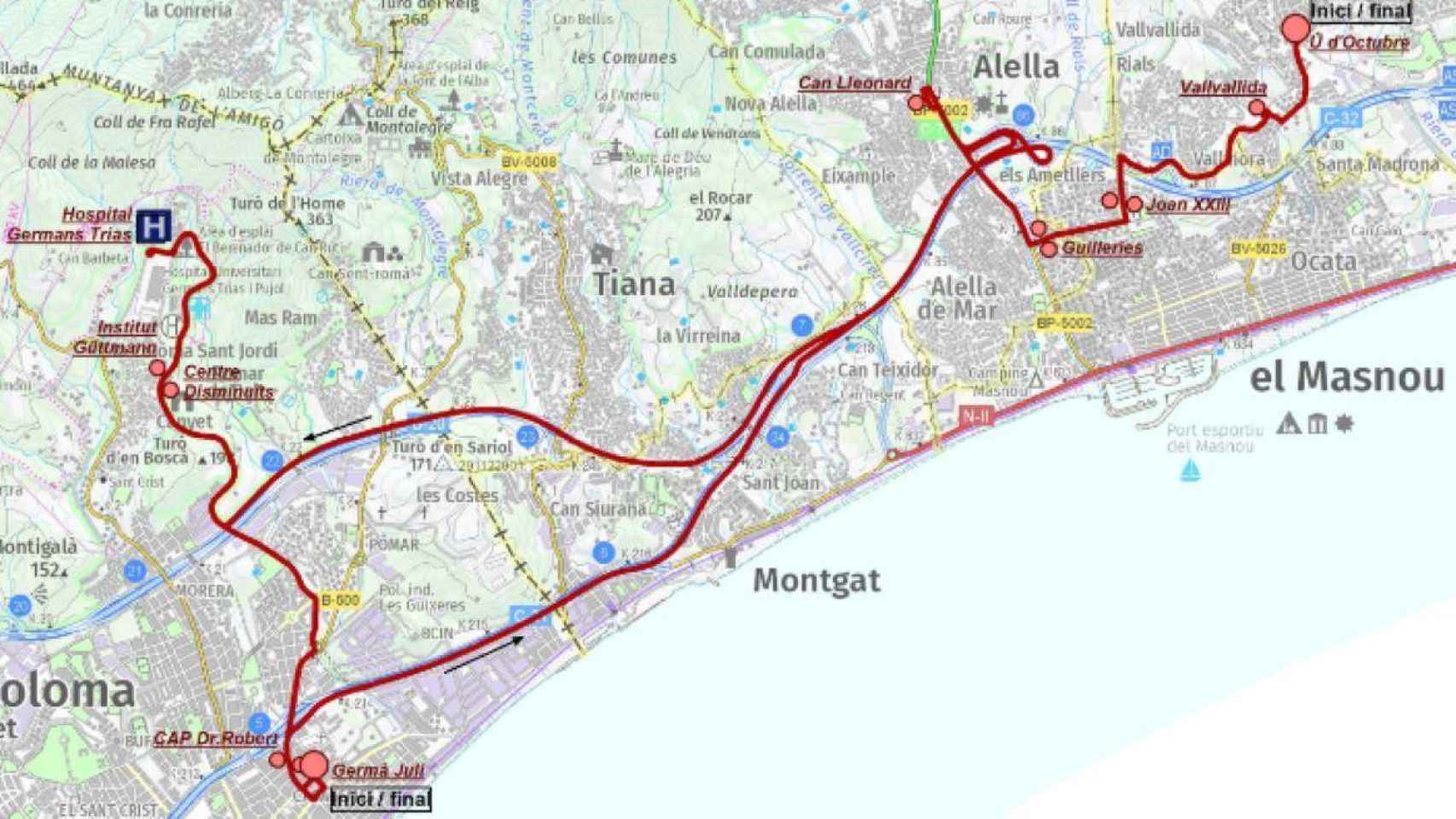 Imagen del recorrido que realizará el autobús sanitario entre tres municipios del Maresme y Can Ruti / GENERALITAT