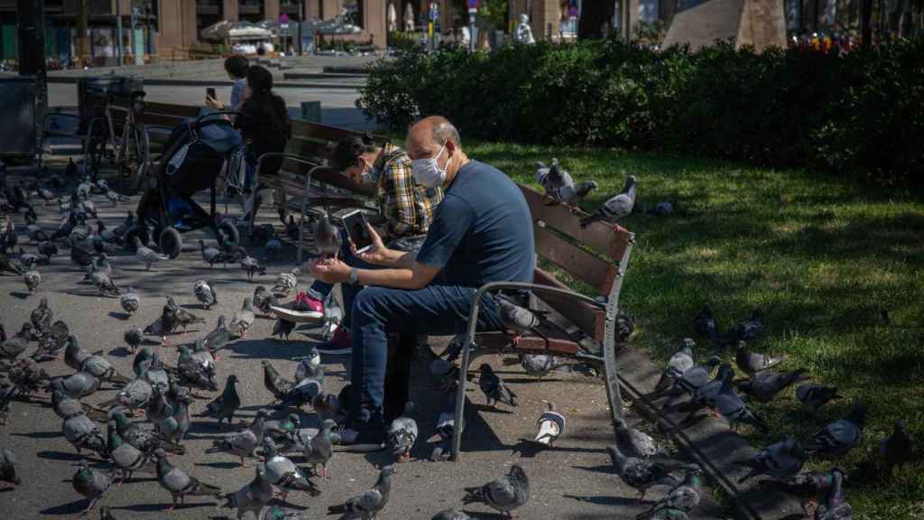 Varias personas descansan en un parque de Barcelona protegidos del coronavirus con una mascarilla / EP