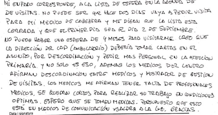 Reclamación de Miguel B por la espera de 4 meses para ver a su médico de cabecera / CG