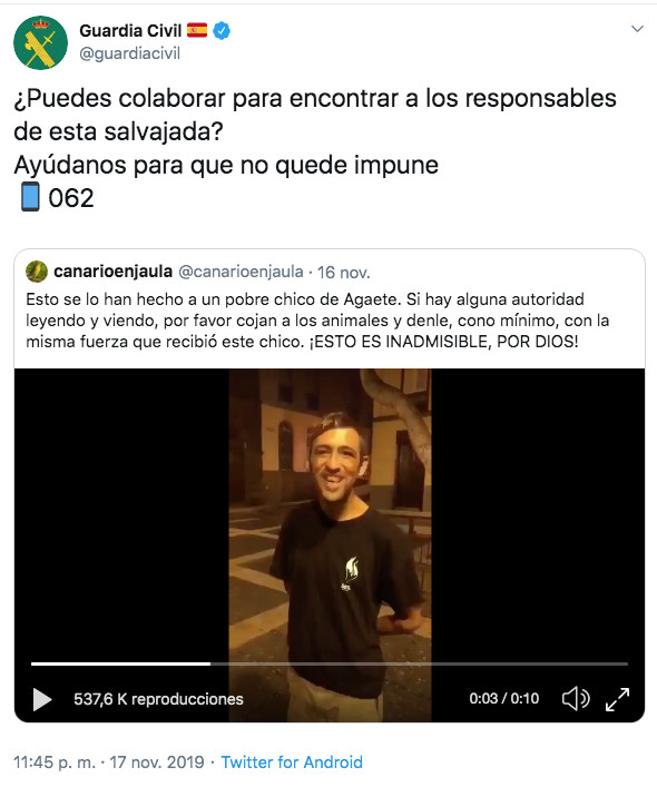 Tuit de la Guardia Civil con el vídeo de la agresión / TWITTER