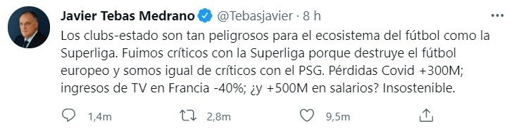 Publicación de Javier Tebas criticando los clubes Estado / Redes