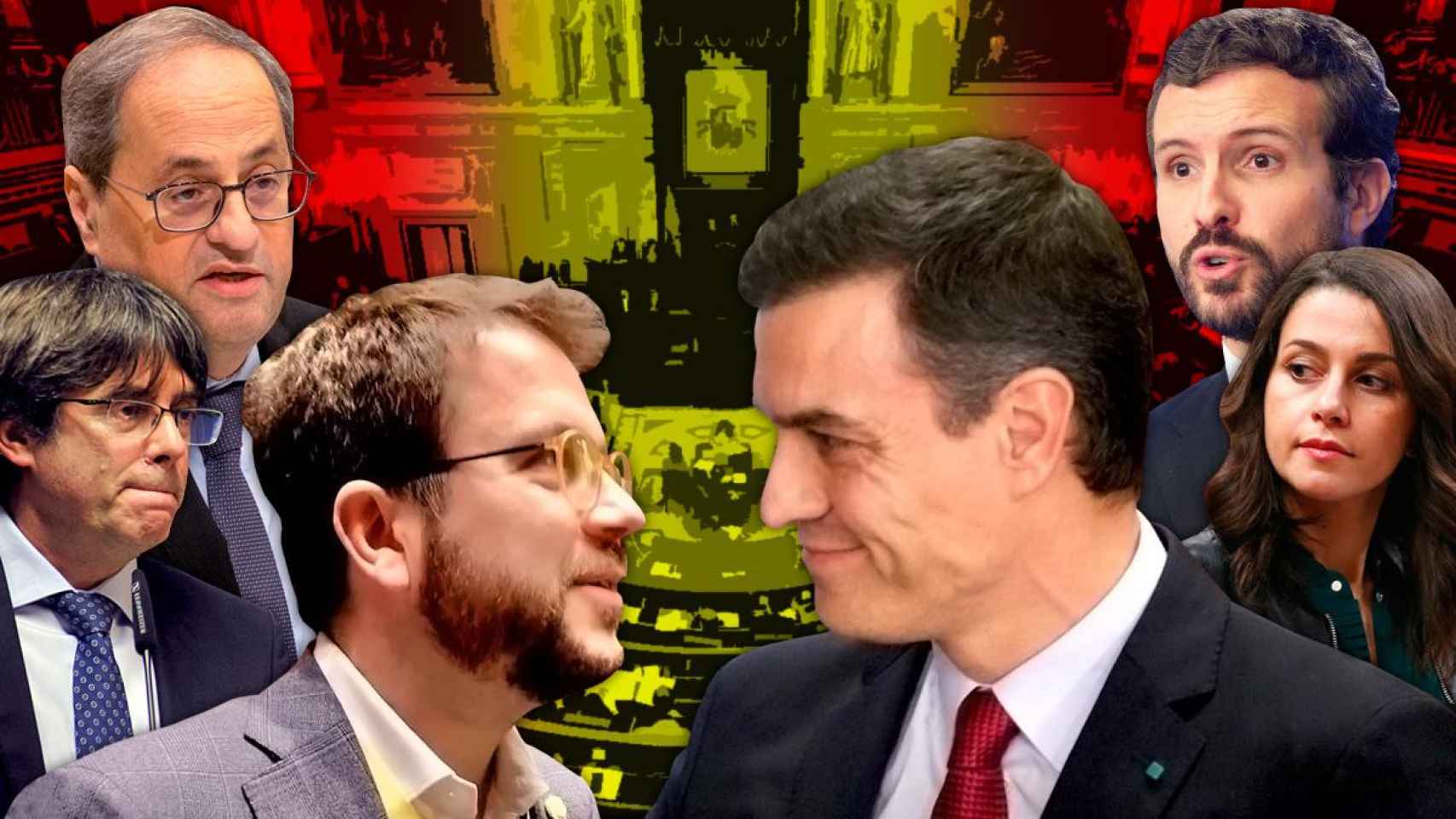 Pere Aragonès (ERC) y Pedro Sánchez (PSOE) sonríen ante la atenta mirada de Quim Torra (JxCat), Carles Puigdemont (JxCat), Pablo Casado (PP) e Inés Arrimadas (Cs) / FOTOMONTAJE DE CG