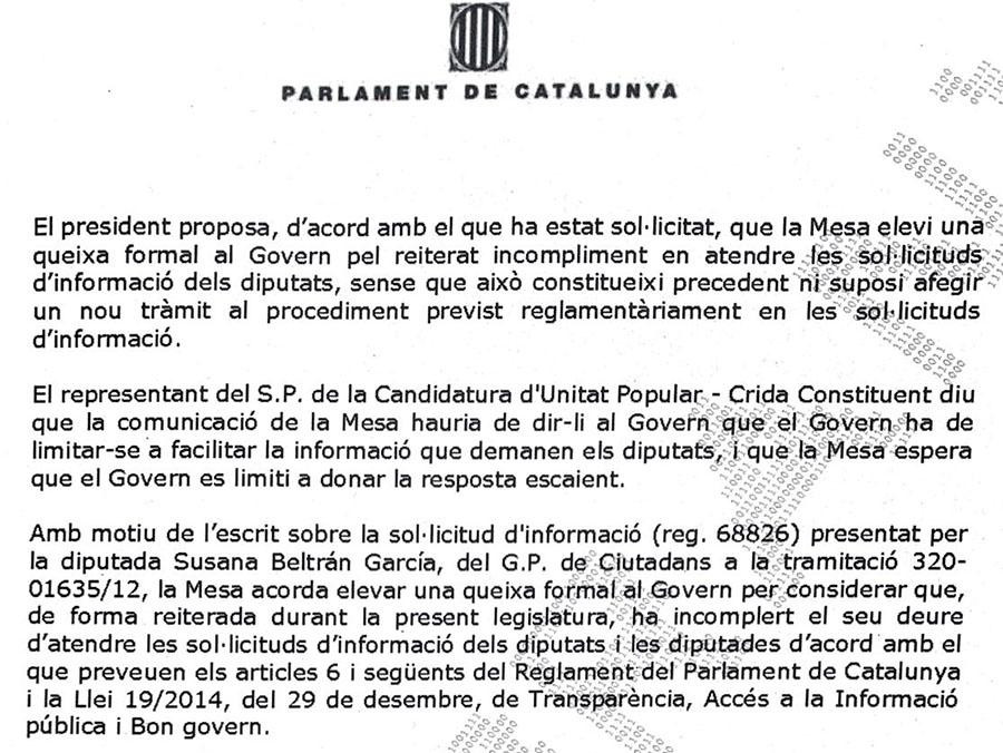 Acta de la reunión de la Mesa del Parlament en la que se acordó elevar queja formal al Govern por ocultar información