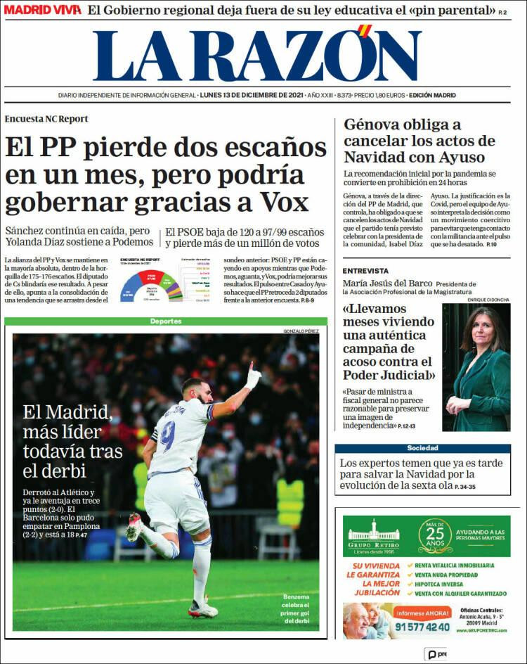 Portada de 'La Razón' del 13 de diciembre de 2021 / KIOSKO.NET