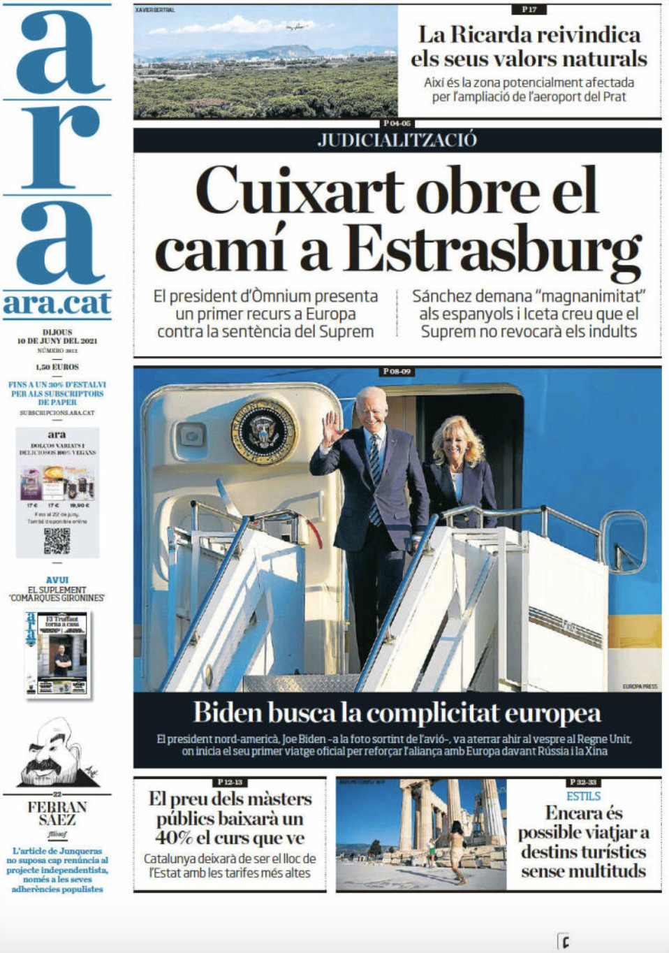 Portada del 'Ara' del 10 de junio de 2021 / ARA