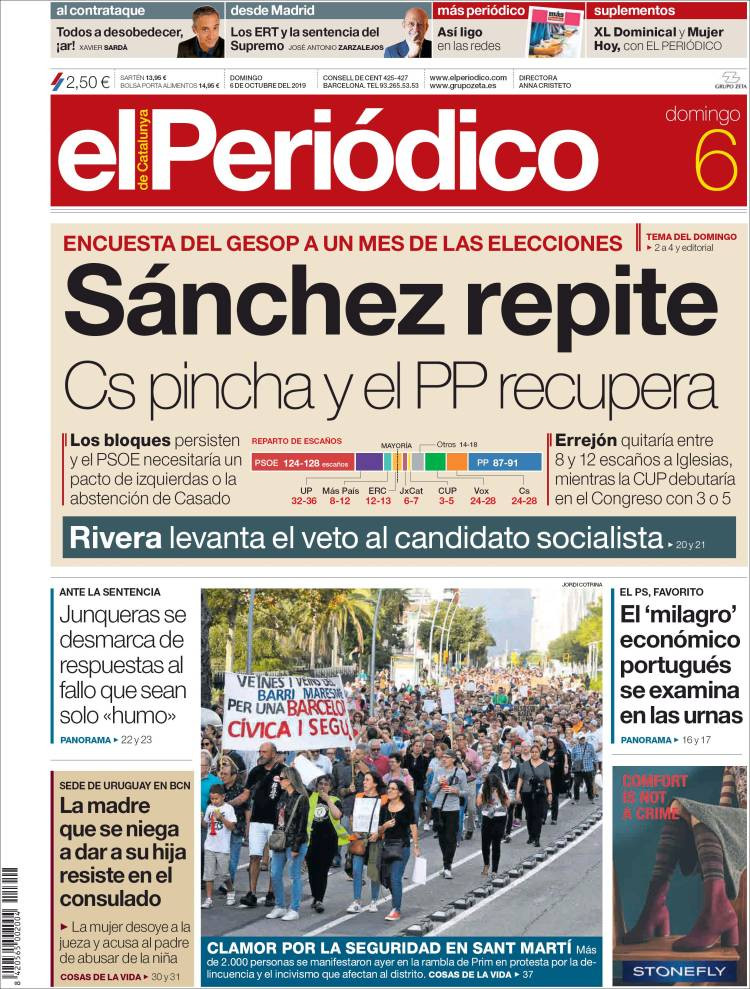 Portada de El Periódico del 6 de octubre de 2019