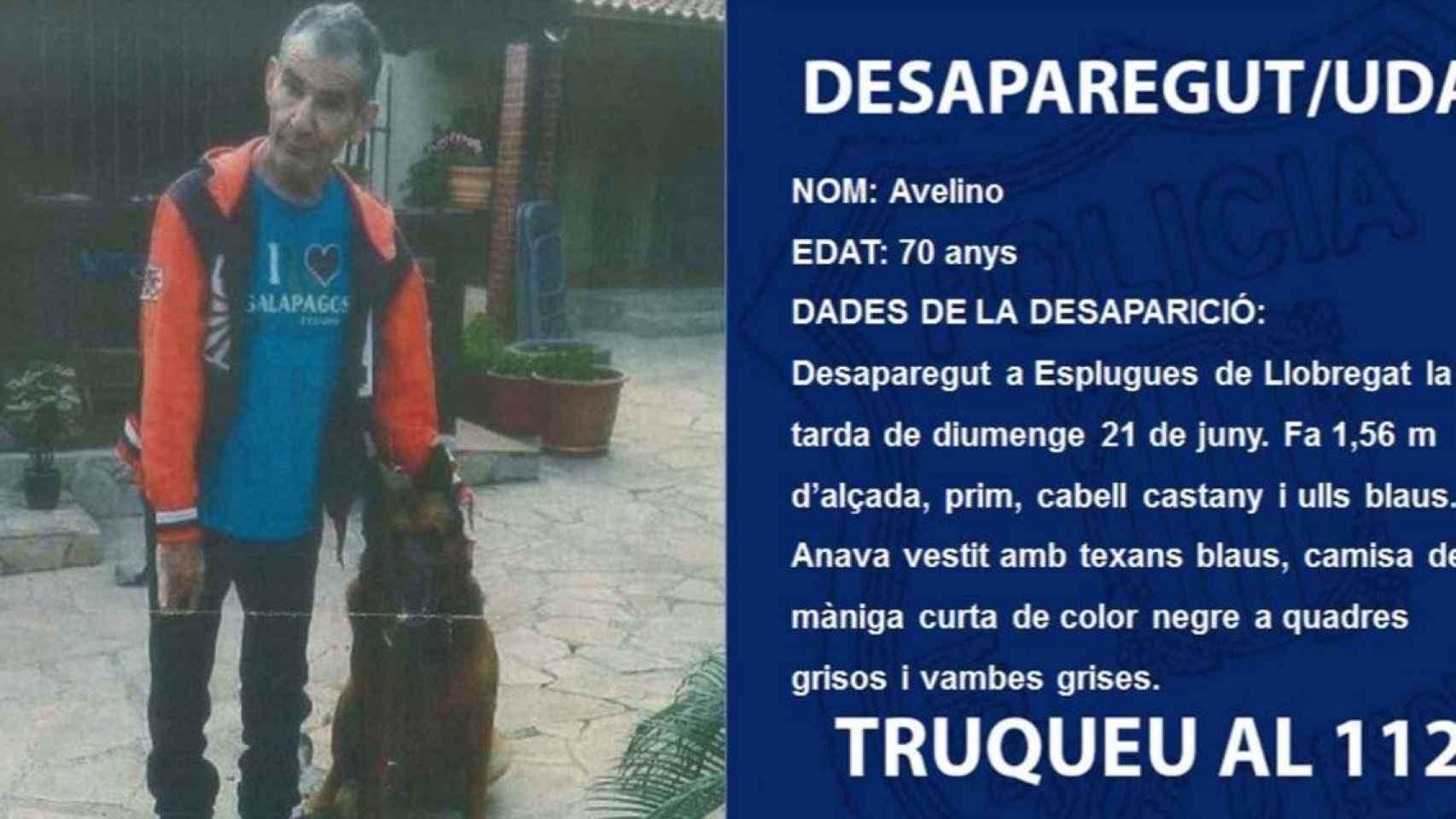 Avelino, el hombre de 70 años desaparecido en Esplugues el 21 de junio / MOSSOS D'ESQUADRA