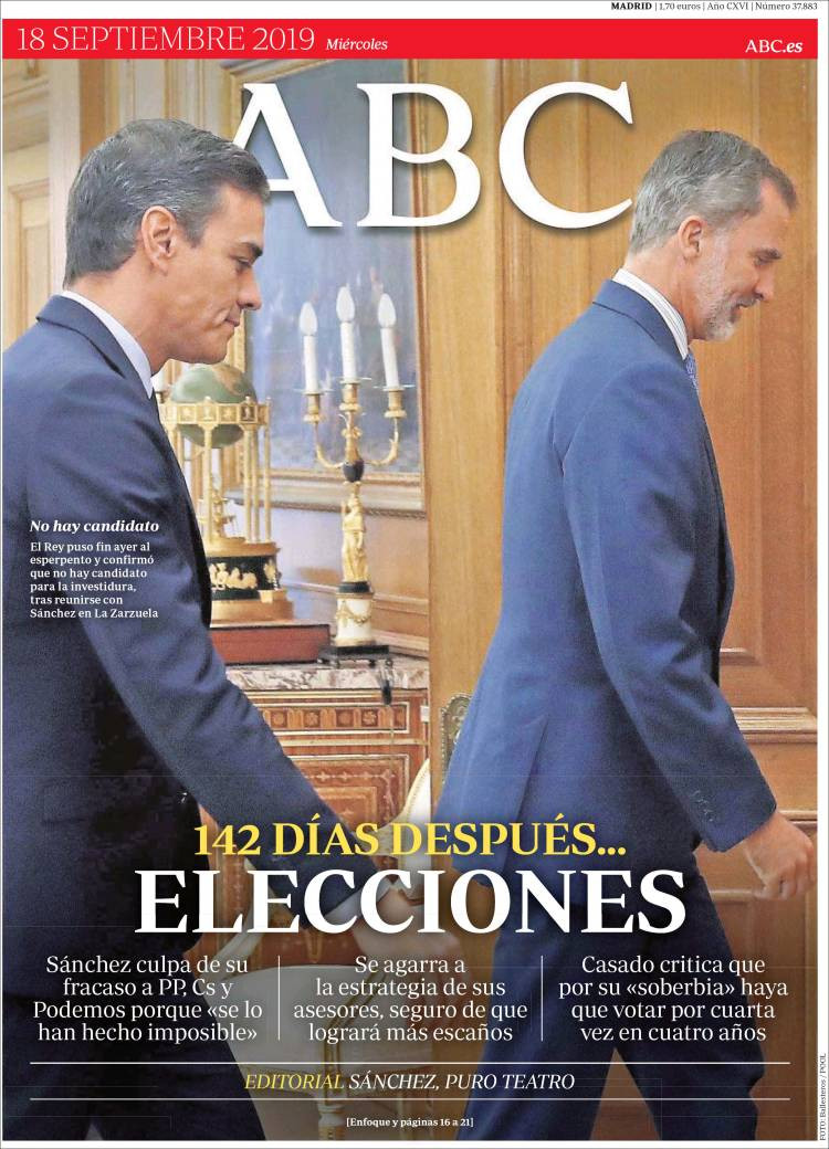 Portada del 'ABC' del 18 de septiembre de 2019