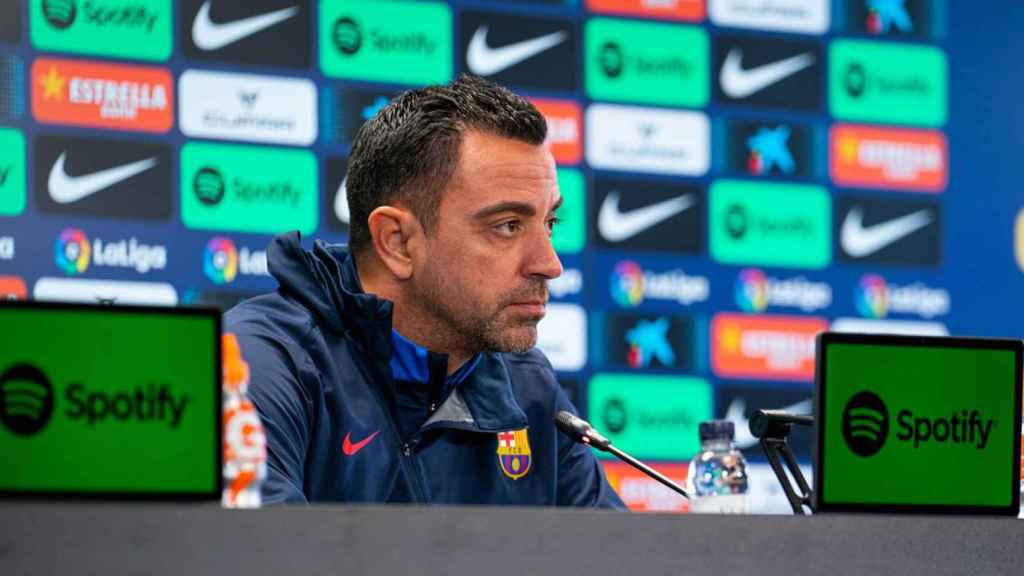 Xavi Hernández, durante la rueda de prensa previa al derbi entre Espanyol y Barça FCB