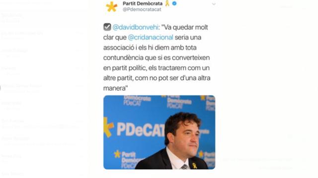 El tuit de David Monvehí que la dirección del PDeCAT ha borrado tras el berrinche de Miriam Noguera