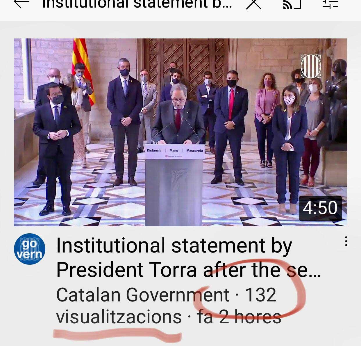 Visualizaciones del discurso de despedida de Quim Torra en inglés