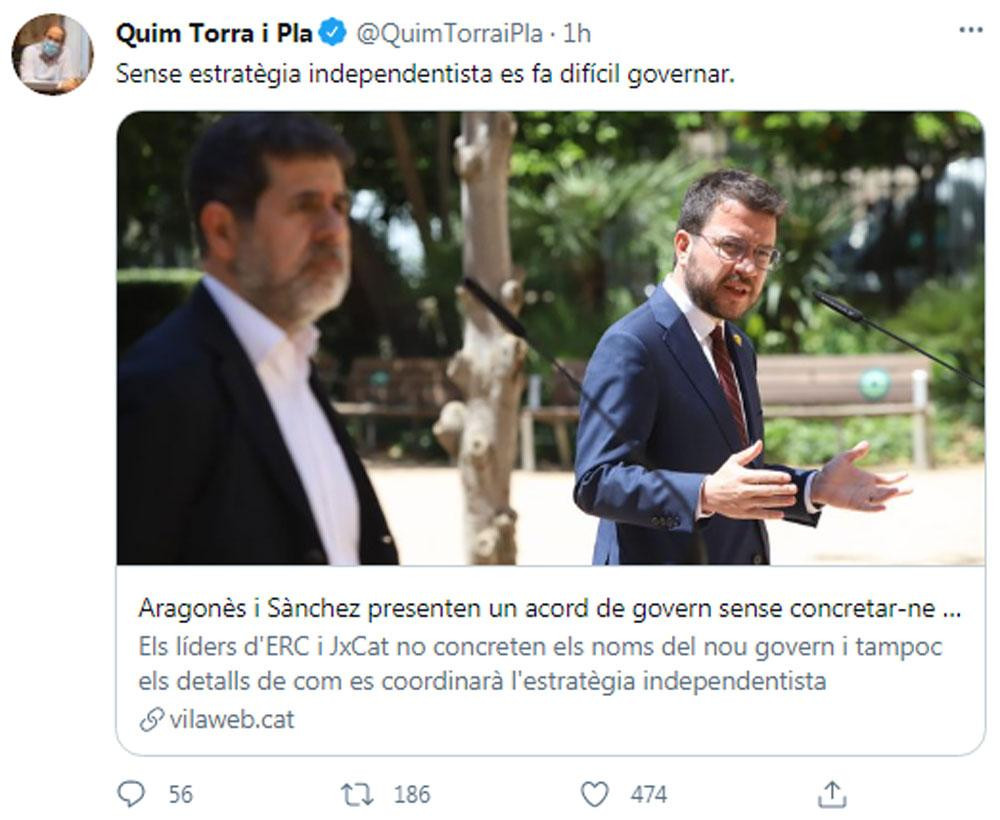 Quim Torra, criticando el preacuerdo entre ERC y JxCat en Twitter