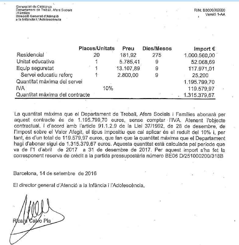 Uno de los contratos firmados por el exdirector de la DGAIA, Ricard Calvo, que investiga la Justicia