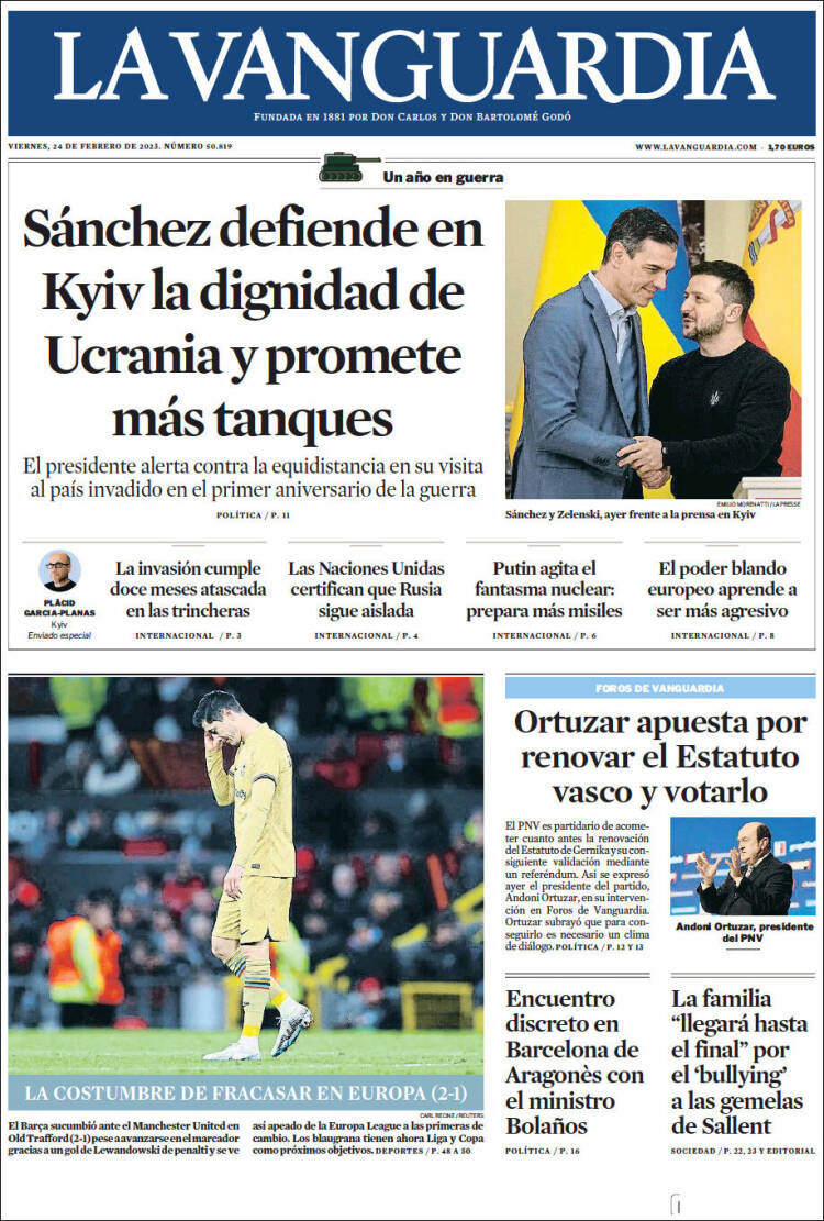 Portada de 'La Vanguardia' de 24 de febrero de 2023 / KIOSKO.NET