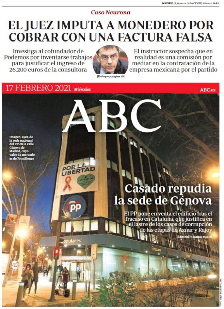 Portada de 'ABC' del miércoles 17 de febrero