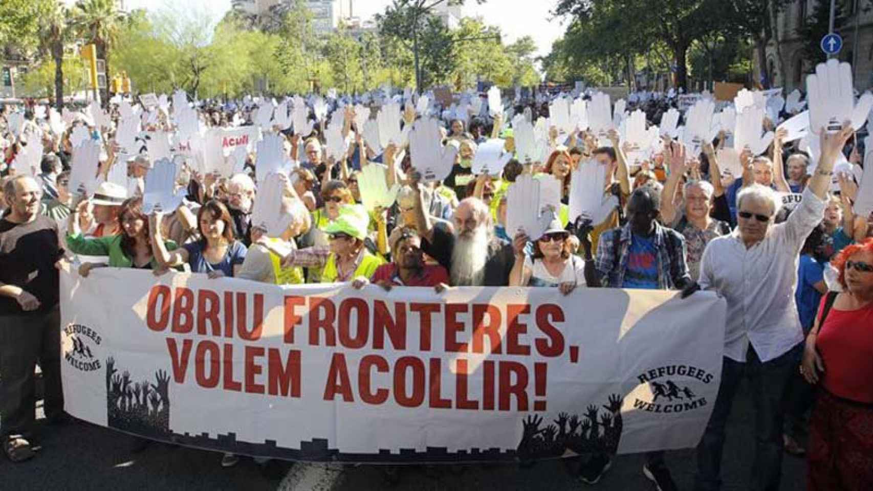 Manifestación en las calles de Barcelona en apoyo a los refugiados.