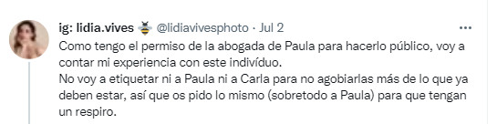Mensaje de Lidia Vives en las redes sociales / TWITTER