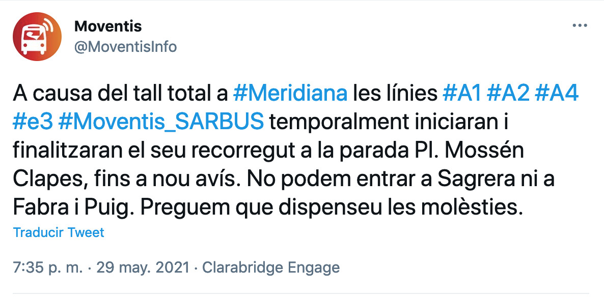 La empresa de autobuses informa de la alteración de su recorrido por los cortes de Meridiana / TWITTER