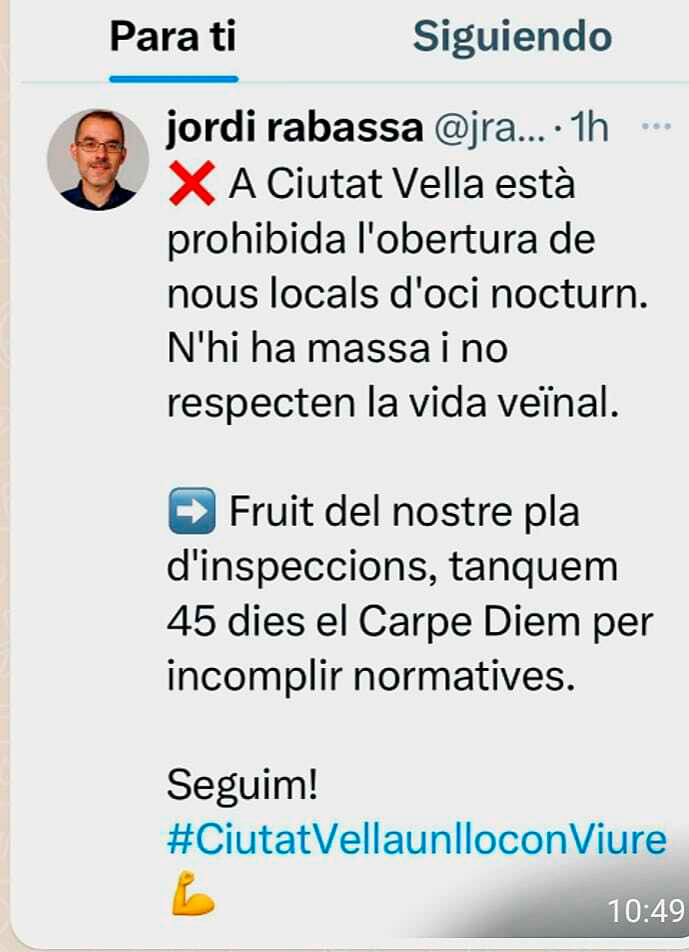 El tuit del concejal de BComú en Ciutat Vella, Jordi Rabassa/ CG