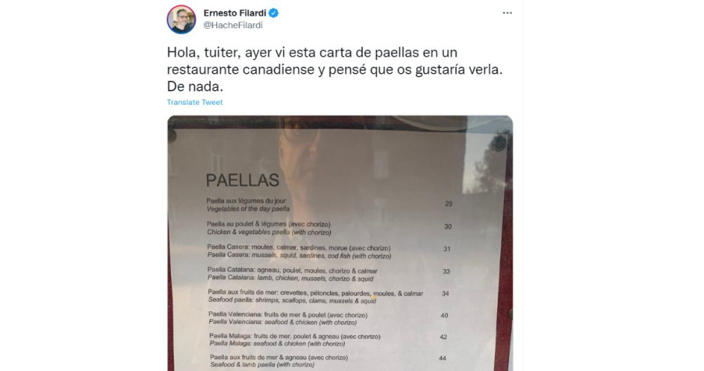 Una carta de paellas en Canadá / TWITTER