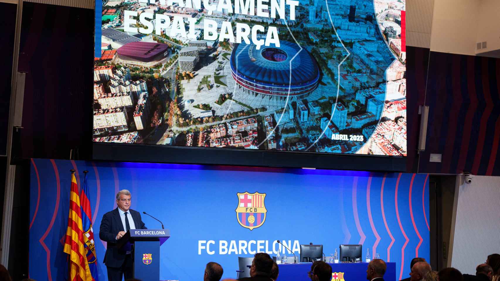 Joan Laporta, durante la rueda de prensa del Espai Barça / FCB