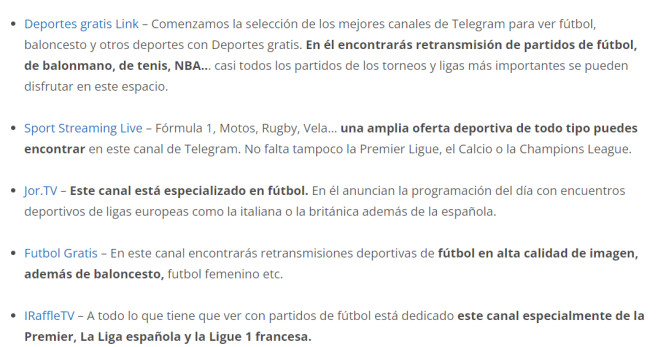 Portal con hipervínculos a grupos de Telegram para ver la Liga y otras cmpeticiones